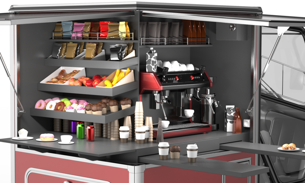 Gros plan du comptoir du triporteur café Motowatt